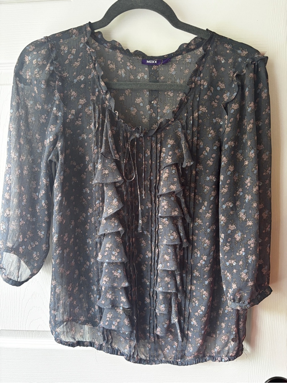 MEXX Blue Sheer Floral Ruffle Blouse